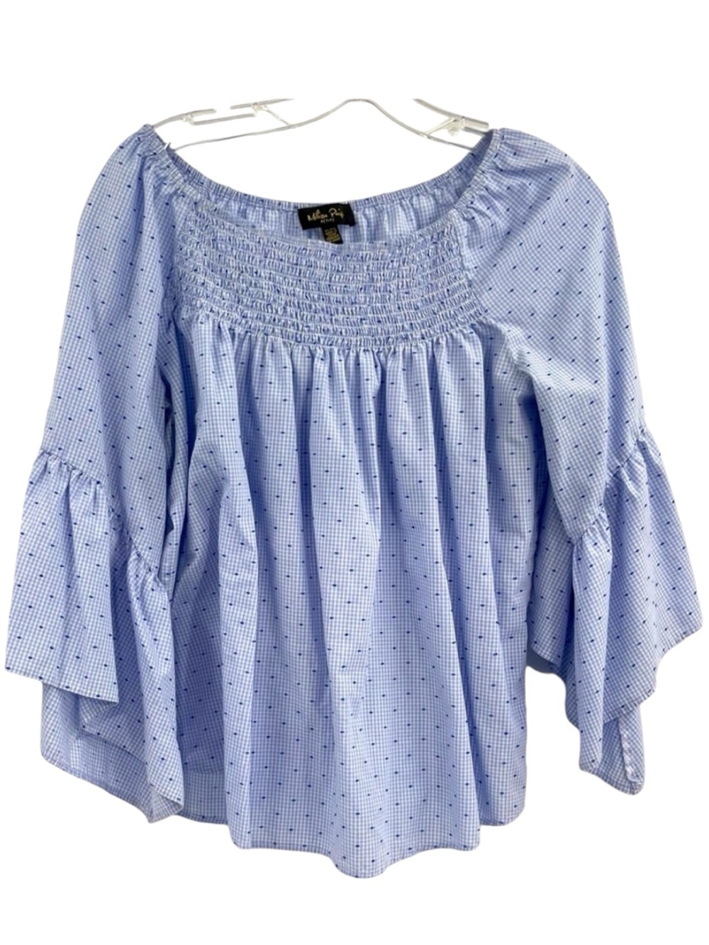 Melissa Paige Gingham Print Off Shoulder Top Blue White Size Petite Large